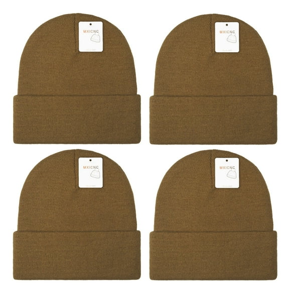 4 Pack Winter Beanie Hats for Men Women, Warm Cozy Knitted Cuffed Skull Cap, 4 Brown
