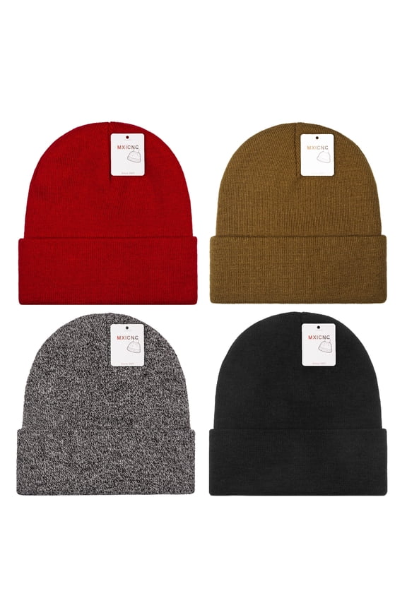 4 Pack Winter Beanie Hats for Men Women, Warm Cozy Knitted Cuffed Skull Cap, 1 Black & 1 Brown & 1 Red & 1 Black-White