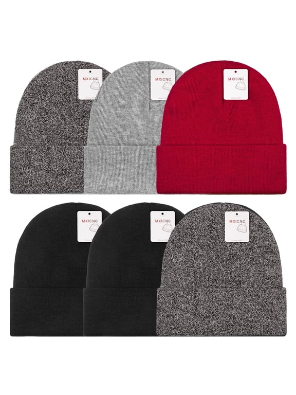 6 Pack Winter Beanie Hats for Men Women, Warm Cozy Knitted Cuffed Skull Cap, 2 Black & 2 Black-White & 1 Red & 1 Grey