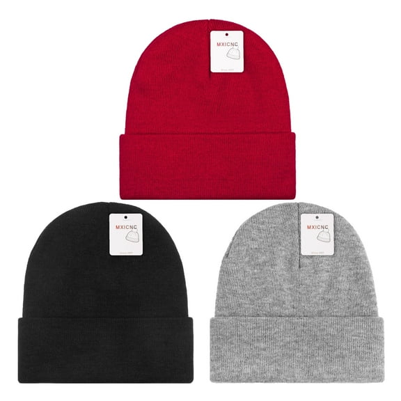 3 Pack Winter Beanie Hats for Men Women, Warm Cozy Knitted Cuffed Skull Cap, 1 Black & 1 Grey & 1 Red