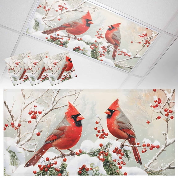 3 Pack Winter Christmas Fluorescent Light Covers for Ceiling Lights Cardinal Bird Red Berry Pine Leaves Magnetic Ceiling Light Covers Overhead Light Filters for Office Classroom Home