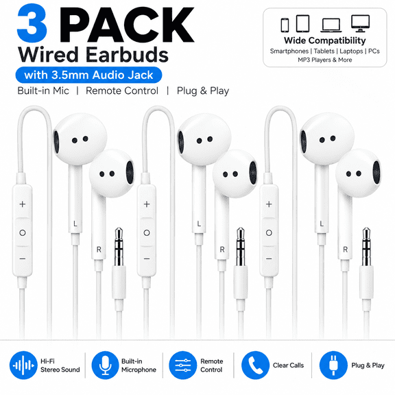 3 Pack Wired Earbuds with 3.5mm Audio Jack, Stereo Earphones with Built-in Microphone & Remote Control, Headphones for Smartphones, Tablets, Laptops, PC & MP3 Players White