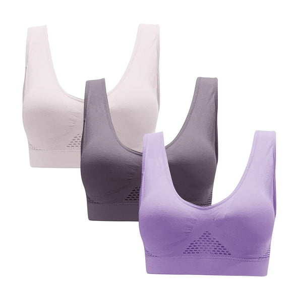 3-Pack of Wirefree Light Support Sports Bras for Women, Solid Colors Soft Seamless Yoga and Running Tops with Breathable Mesh and Padded for Everyday Casual Wear, Size S-6XL