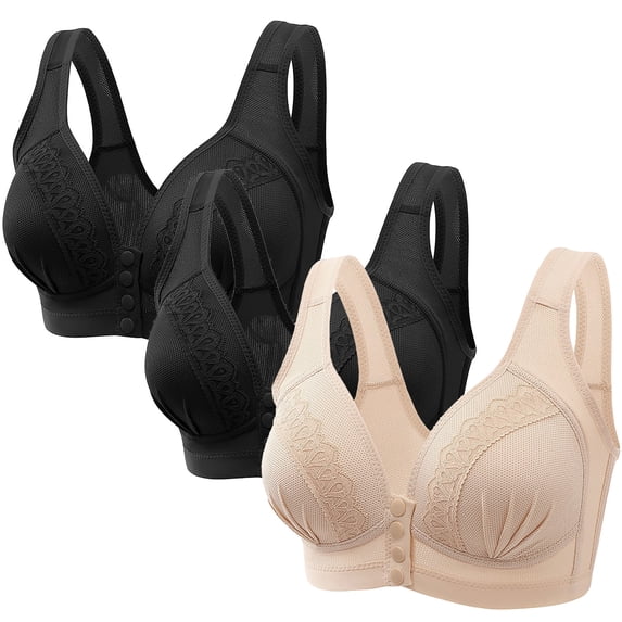 3 Pack Wireless Bras for Women 2024 Front Close Button Bras Comfort Full Support Wide Back No Underwire Bra
