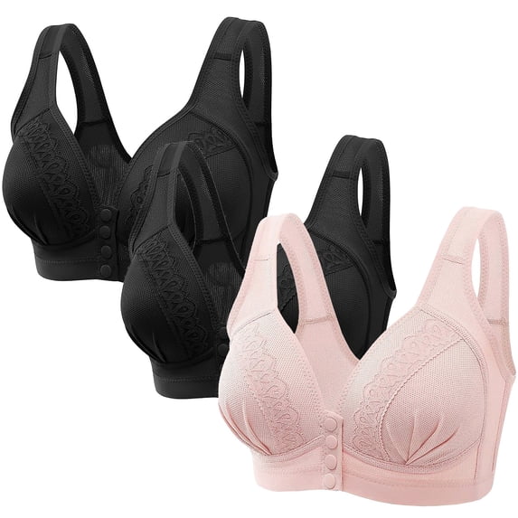 3 Pack Wireless Bras for Women 2024 Front Close Button Bras Comfort Full Support Wide Back No Underwire Bra
