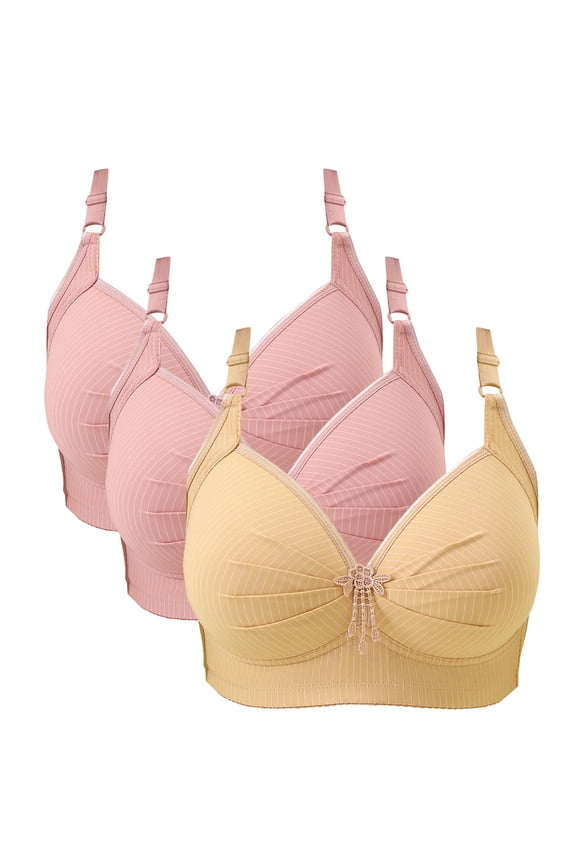3 Pack Wireless Plus Size Bras for Women Striped Comfy Push up Bralettes Adjustable Strap Everyday Bra Underwear, 46/105BC