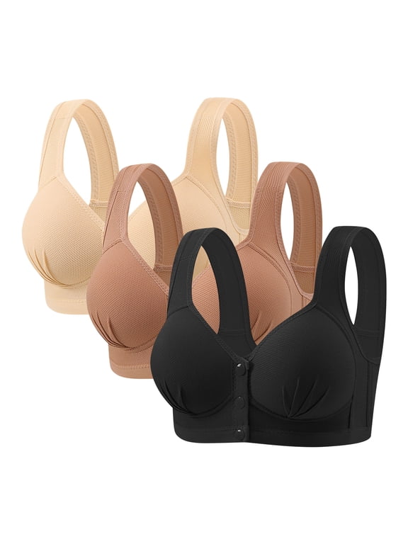 3 Pack Wireless Tshirt Bras Womens Plus Size Front Snap Closure Bra for Senior Full Coverage Everyday Bralettes(Multicolor 46BC)