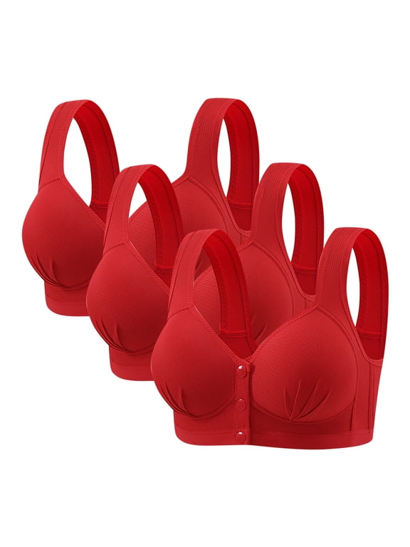 3 Pack Wireless Tshirt Bras Womens Plus Size Front Snap Closure Bra for Senior Full Coverage Everyday Bralettes(Red 44BC)