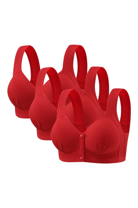 3 Pack Wireless Tshirt Bras Womens Plus Size Front Snap Closure Bra for Senior Full Coverage Everyday Bralettes(Red 44BC)