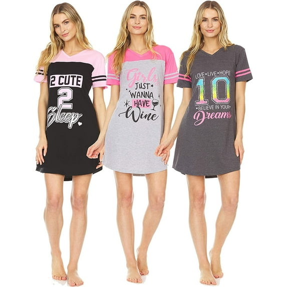 3 Pack: Woman's 100% Cotton Soft Printed Short Sleeve Sleep Dress Night Gown Pajama Shirt Large, Set A
