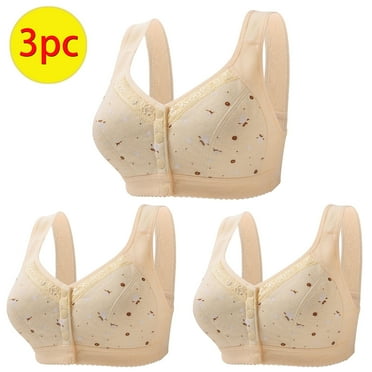 3 Pack Woman's Plus Size Full Figure Bra Senior Front Closure Daisy Bra Push Up Wireless Bra Underwear Khaki L
