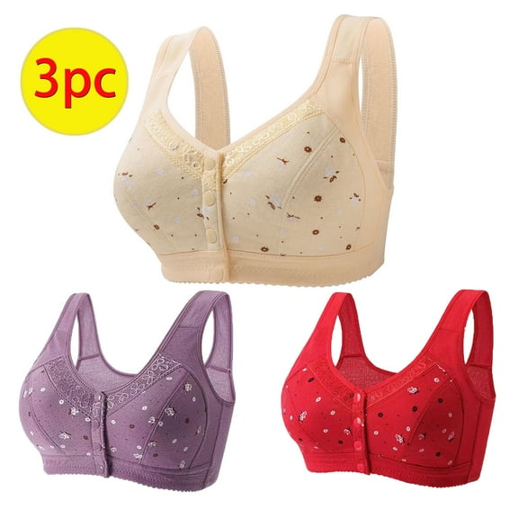 Husipze 3 Pack Woman's Plus Size Full Figure Bra Senior Front Closure Daisy Bra Push Up Wireless Bra Underwear Red 3XL