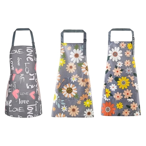 3 Pack Women Floral Kitchen Aprons, Waterproof Adjustable Kitchen Apron with Front Pocket for Cooking Baking