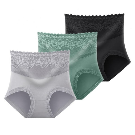 3-Pack Women High Waist Lace Briefs Floral Modal Tummy Control Underwear Panties Full Coverage Sexy Panty
