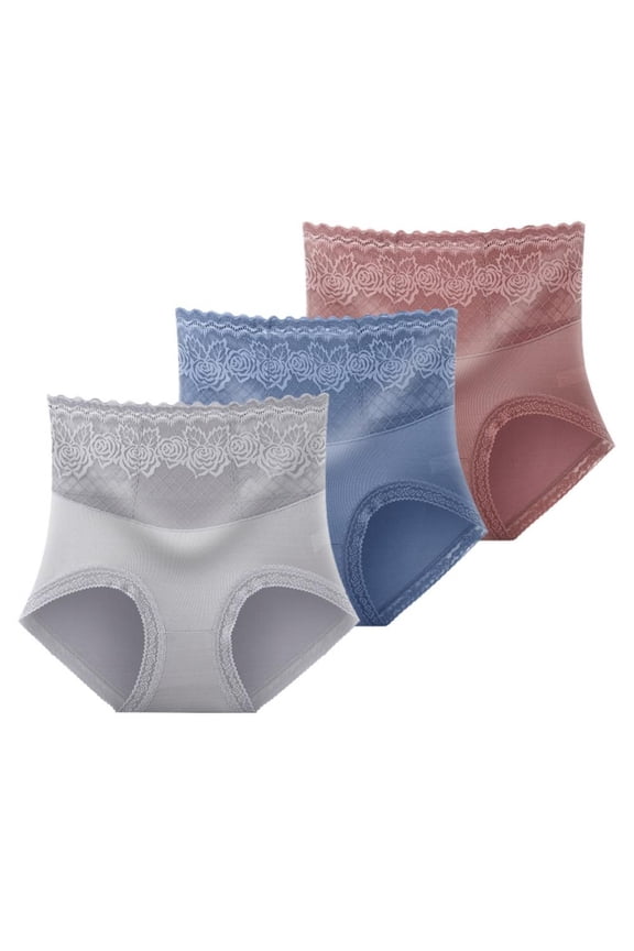 3-Pack Women High Waist Lace Briefs Floral Modal Tummy Control Underwear Panties Full Coverage Sexy Panty