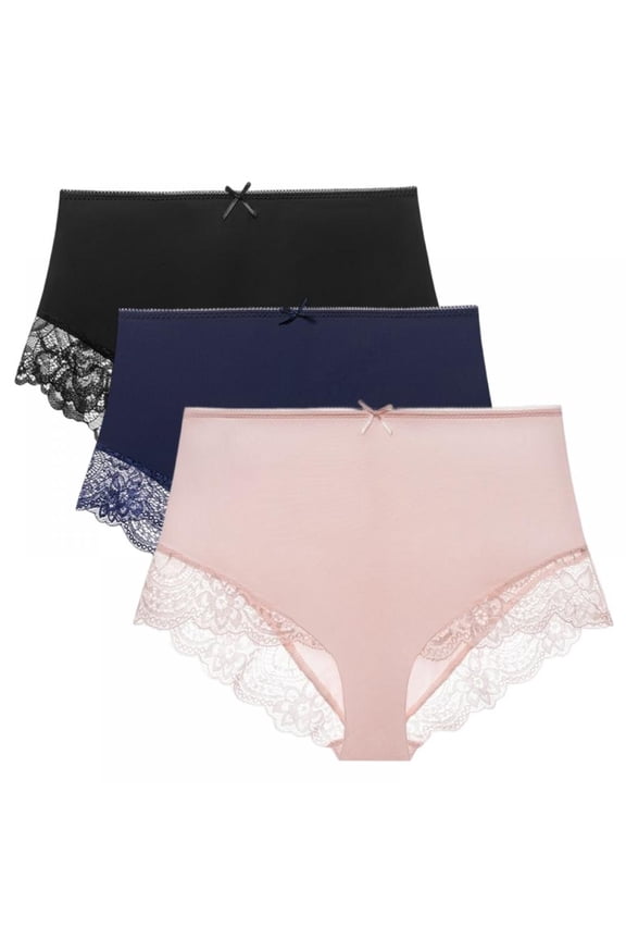 3 Pack Women High-rise Lace Panties Half Wrapped Hips Lift Panties Seamless Solid Lace Trim Milk Silk Briefs Underpants