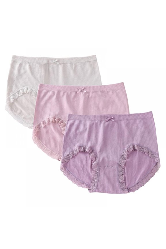 3-Pack Women Middle Waist Seamless Panties Plus Size Lace Trim Briefs Full Coverage Breathable Soft Stretch Underpants