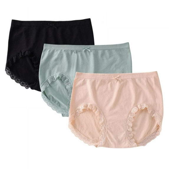 3-Pack Women Middle Waist Seamless Panties Plus Size Lace Trim Briefs Full Coverage Breathable Soft Stretch Underpants