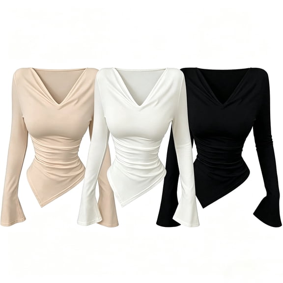 3 Pack Women Polyester Long Sleeve Tops, Asymmetric Hem V Neck Slim Fit Sexy Ruched Blouses for Early Autumn