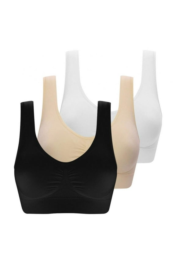 3-Pack Women Seamless Sports Bra Breathable Wireless Push Up Bra with Pads Yoga Running Fitness Sleep Bralettes Plus Size Black/White/Beige