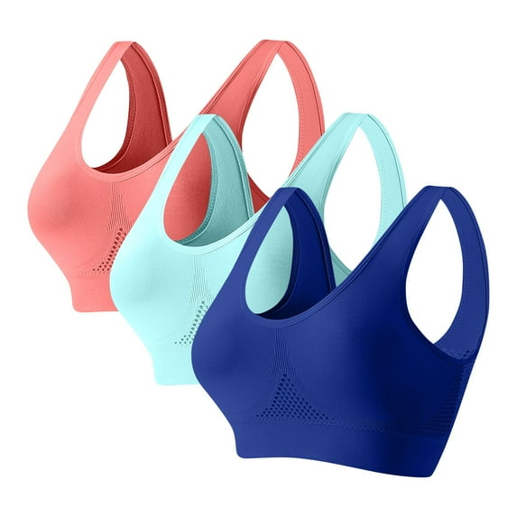 3 Pack Women Seamless Sports Bra - Casual Plus Size Sports Bra with Breathable Mesh and Removable Pads - Solid Color Wirefree Sports Bra for Running and Gym Workouts, Size S-5XL