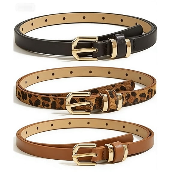 3 Pack Women Skinny Belt Leopard Print Belt Chic Belts for Jeans Pants Fashion Solid Color with Gold Buckle