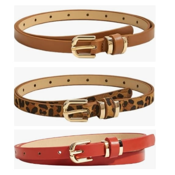 3 Pack Women Skinny Belt Leopard Print Belt Chic Belts for Jeans Pants Fashion Solid Color with Gold Buckle