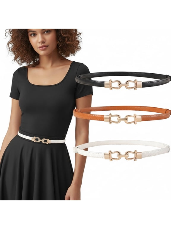 3 Pack Women Skinny Faux Leather Belts, Thin Waist Belts with Gold Buckle, Black Camel White for Jeans Dresses