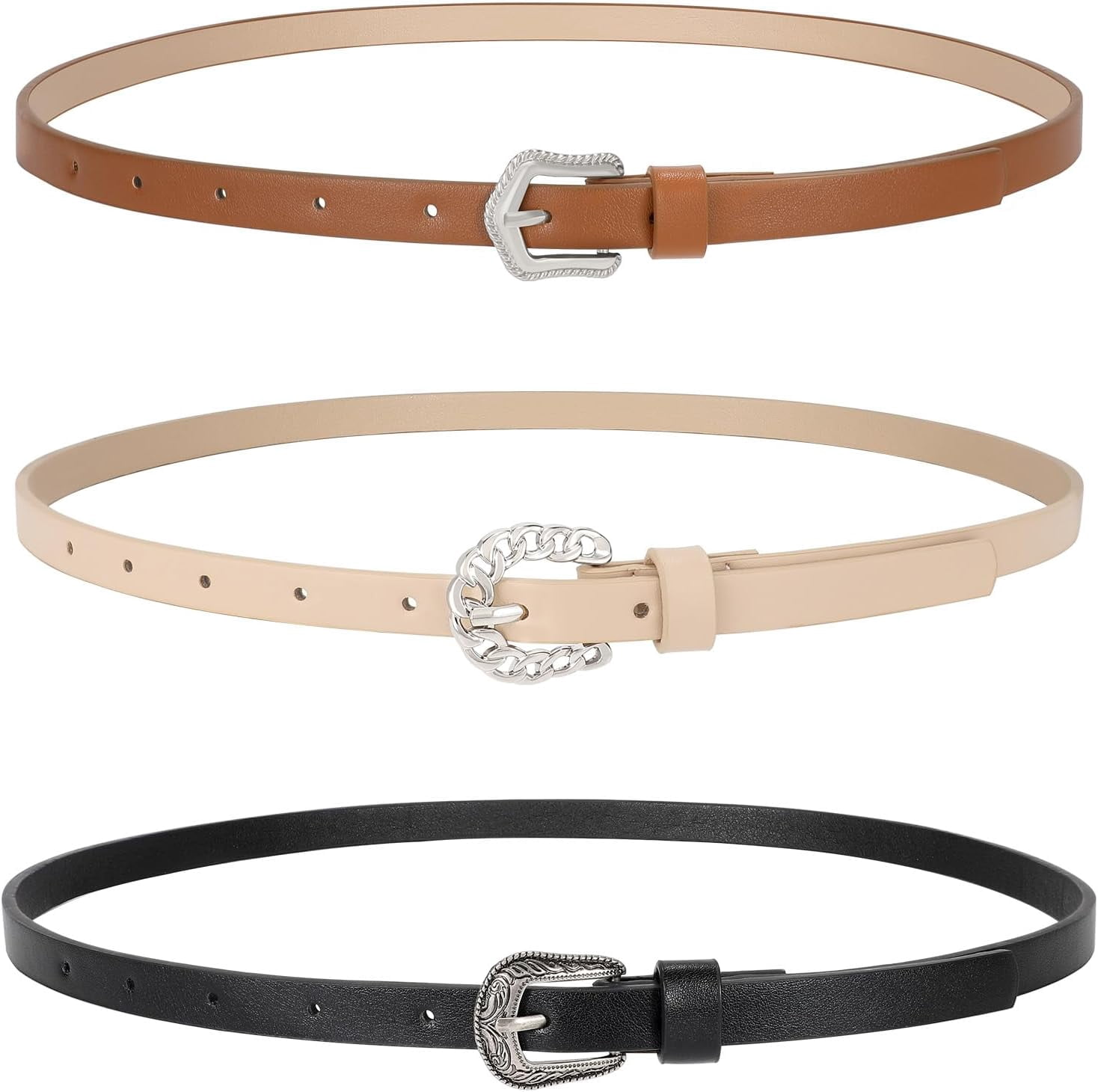 3 Pack Women Skinny Leather Belt for Dresses Thin Leather  display picture 2
