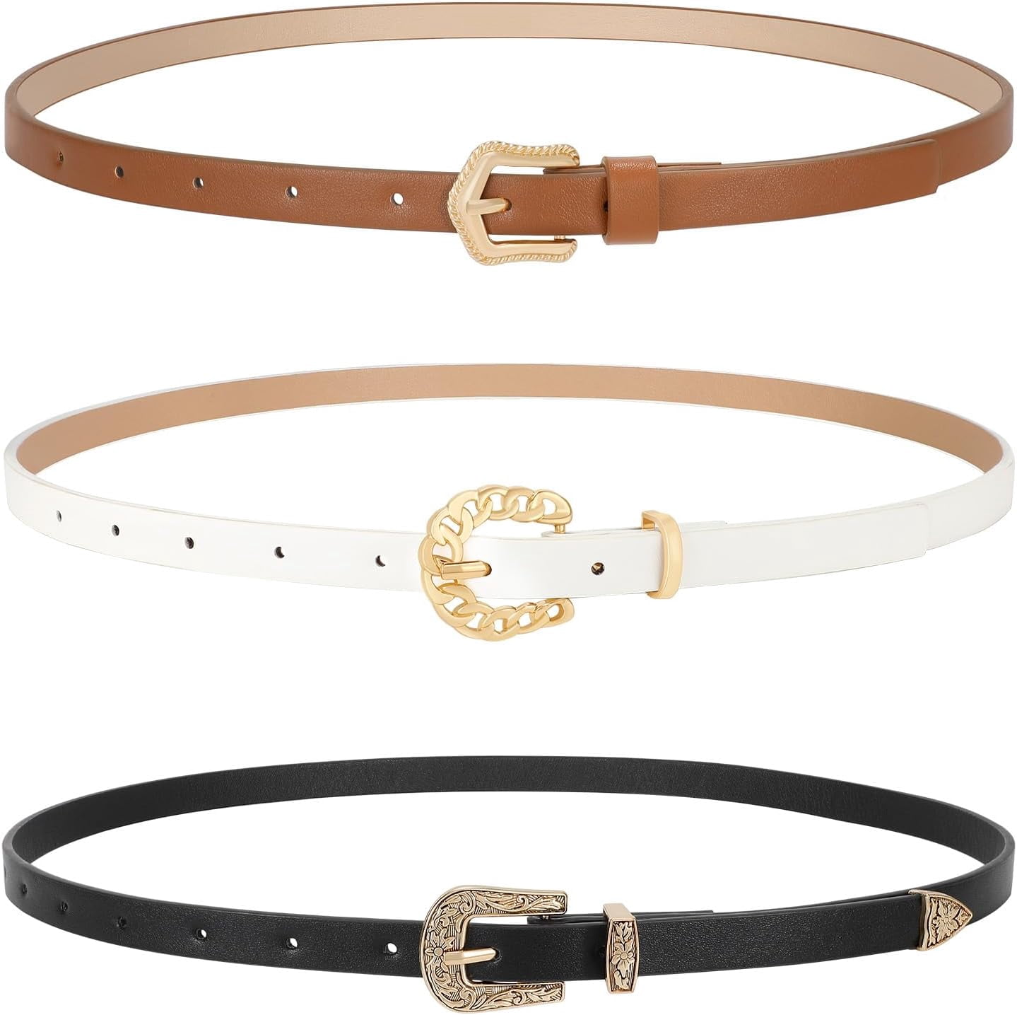 7136 3 Pack Women Skinny Leather Belt Thin Waist With Gold Buckle TRIWORKS 3 Pack Women Skinny Leather Belt for Jeans Pants  main image 2