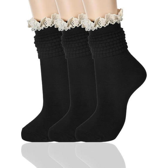 3 Pack Women Slouch Socks Cotton Knit Scrunch Stacked Boot Socks Knee High with Lace Trim