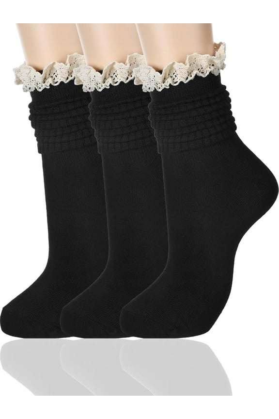 3 Pack Women Slouch Socks Cotton Knit Scrunch Stacked Boot Socks Knee High with Lace Trim