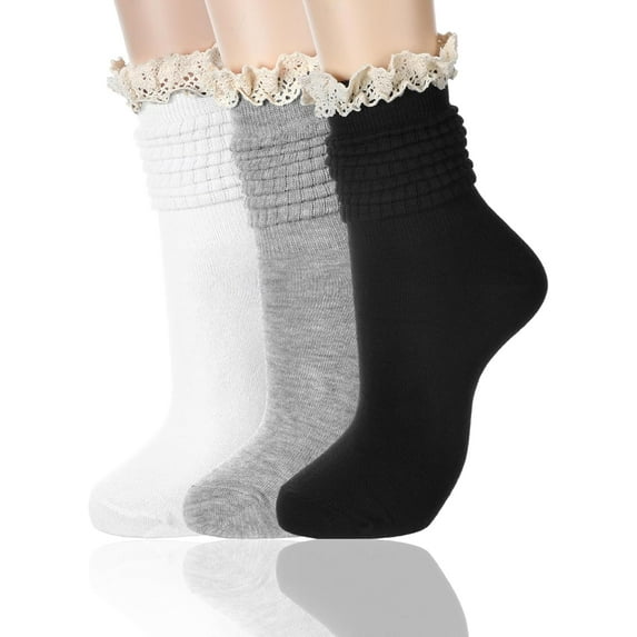 3 Pack Women Slouch Socks Cotton Knit Scrunch Stacked Boot Socks Knee High with Lace Trim