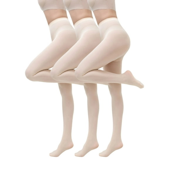 3 Pack Women Soft Opaque Tights, Solid Color High Waisted Pantyhose Teen Girls Footed Stockings Beige L