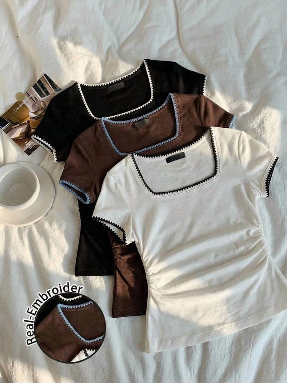 3 Pack Women Square Neck Short Sleeve T Shirt, Contrast Shell Stitch Trim Ruched Side Slim Fit Casual Summer Everyday Versatile Top