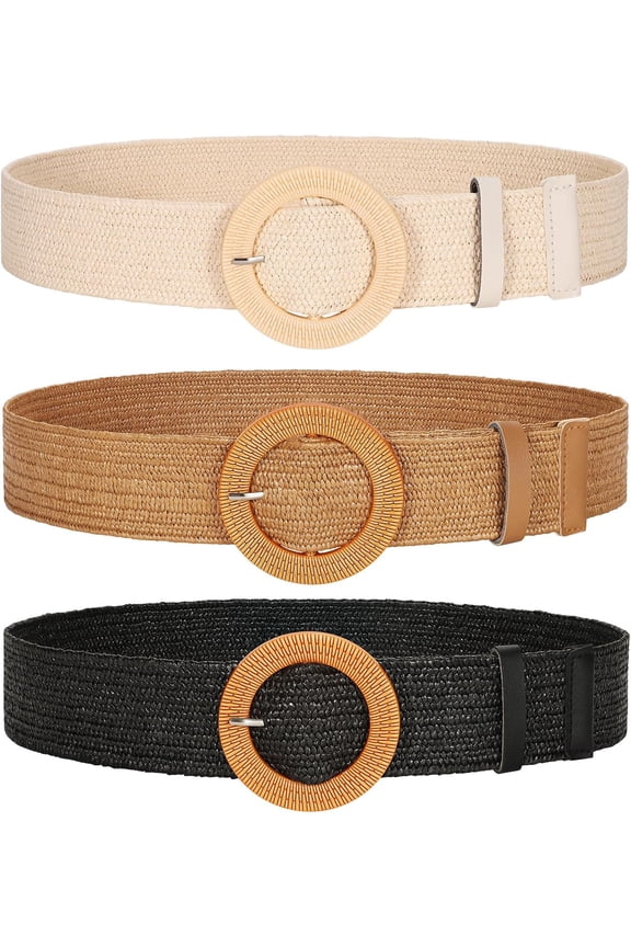 3 Pack Women Straw Woven Elastic Belts Wide Stretch Raffia Waist Belt for Summer Dress