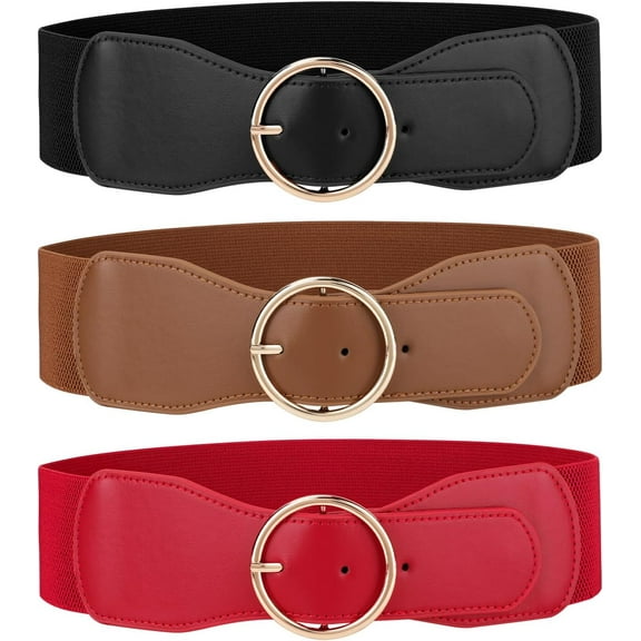 3 Pack Women Wide Elastic Waist Belt for Dress Ladies Stretch Belt with Gold Round Buckle