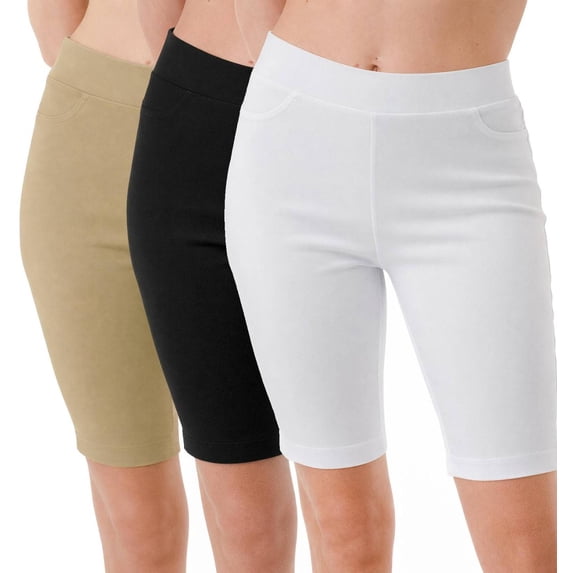3 Pack Women's 9" Pull On Bermuda Shorts Side Slit Jean Style Elastic Waist Casual Knee Length Shorts Size S-3XL