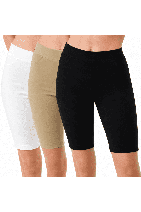 3 Pack Women's 10" Inseam Bermuda Short Side Slit Pull On Elastic Waist Knee Length Stretch Plus Size Available S-3XL
