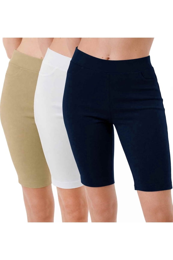 3 Pack Women's 9" Pull On Bermuda Shorts Side Slit Jean Style Elastic Waist Knee Length Shorts S-3XL Plus Size Available