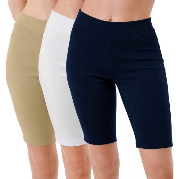 3 Pack Women's 9" Pull On Bermuda Shorts Side Slit Jean Style Casual Elastic Waist Knee Length Shorts Size S-3XL