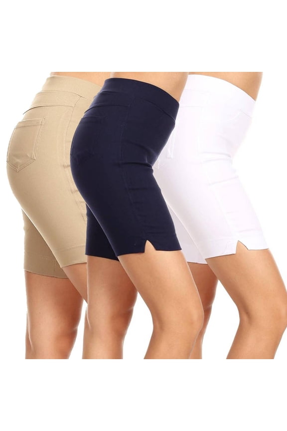 3 Pack Women's 9" Pull On Bermuda Shorts Side Slit Jean Style Casual Elastic Waist Knee Length Shorts Size S-3XL