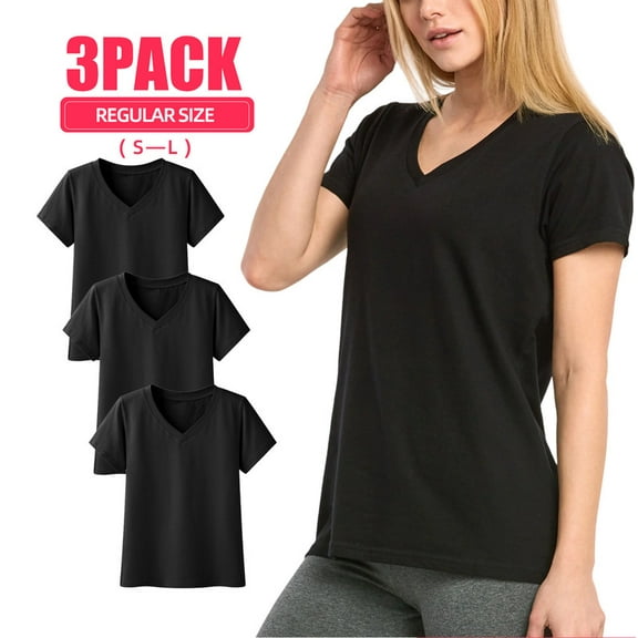 3 Pack Women's 95% Cotton T-Shirts V Neck Classic Fit Short Sleeve Regular Size Workout Breathable Casual Athletic Yoga Solid Tee Lady Womenswear Top