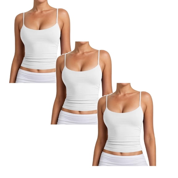 3 Pack Women's Basic Scoop Neck Tank Tops Adjustable Spaghetti Strap Sleeveless Camisole Going Out Crop Tops White S