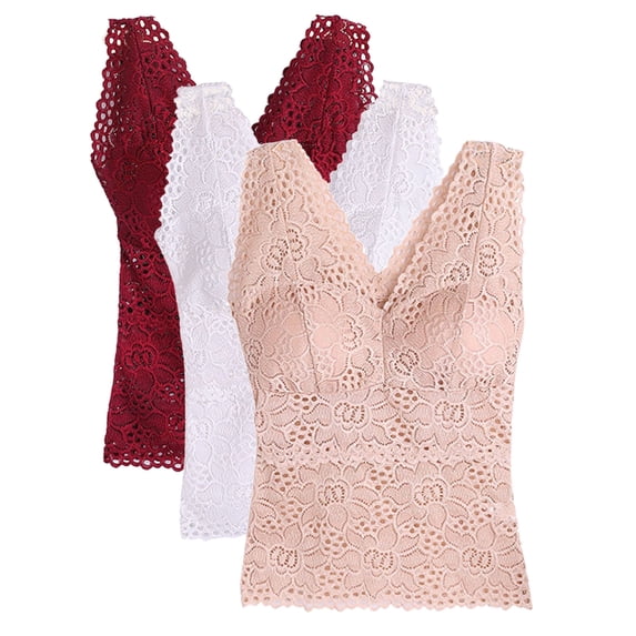3 Pack Women's Bra Padded Tank Tops, Camisole Top Push Up Built In Bra Lace Floral Bralette Top Flower Top With Pad Long V-Neck Sleeveless Camisole, Multicolor