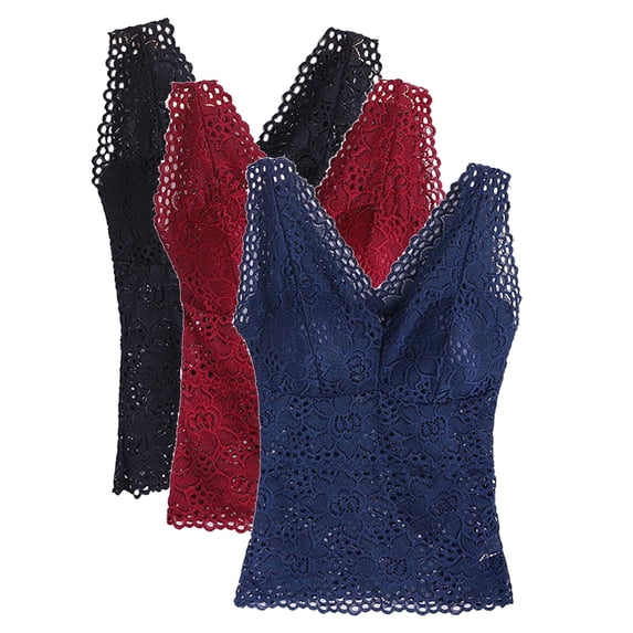 3 Pack Women's Bra Padded Tank Tops, Camisole Top Push Up Built In Bra Lace Floral Bralette Top Flower Top With Pad Long V-Neck Sleeveless Camisole, Multicolor