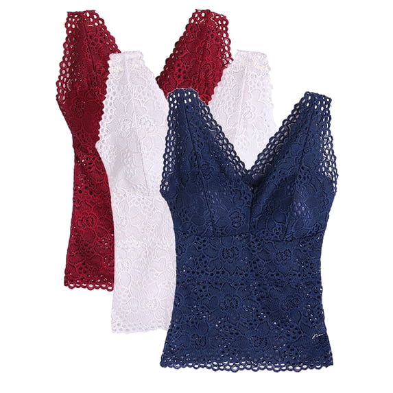 3 Pack Women's Bra Padded Tank Tops, Camisole Top Push Up Built In Bra Lace Floral Bralette Top Flower Top With Pad Long V-Neck Sleeveless Camisole, Multicolor