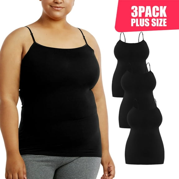 3 Pack Women's Camisole Tank Top with Adjustable Spaghetti Strap Scoop Neck Curvy Plus Size Seamless Stretch Sleeveless Womenswear Basic Undershirts