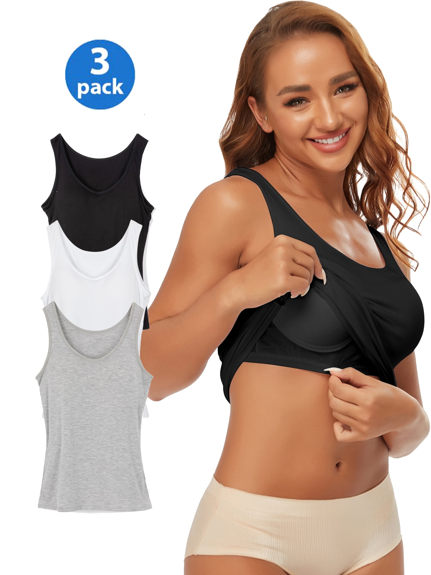 3 Pack Women's Camisole with Built in Bra Tank Tops for Layering Stretch  Casual Undershirts Wider Strap