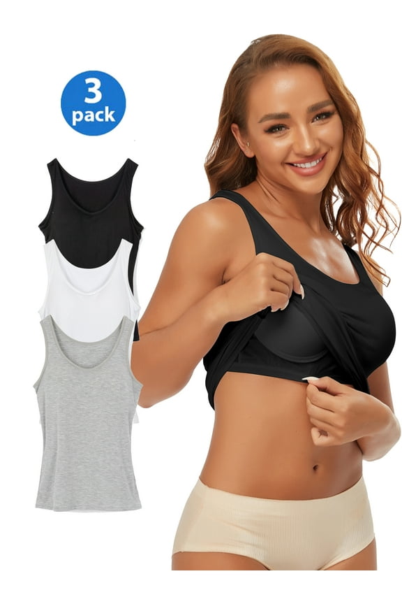 3 Pack Women's Camisole with Built in Bra Tank Tops for Layering Stretch Casual Undershirts Wider Strap